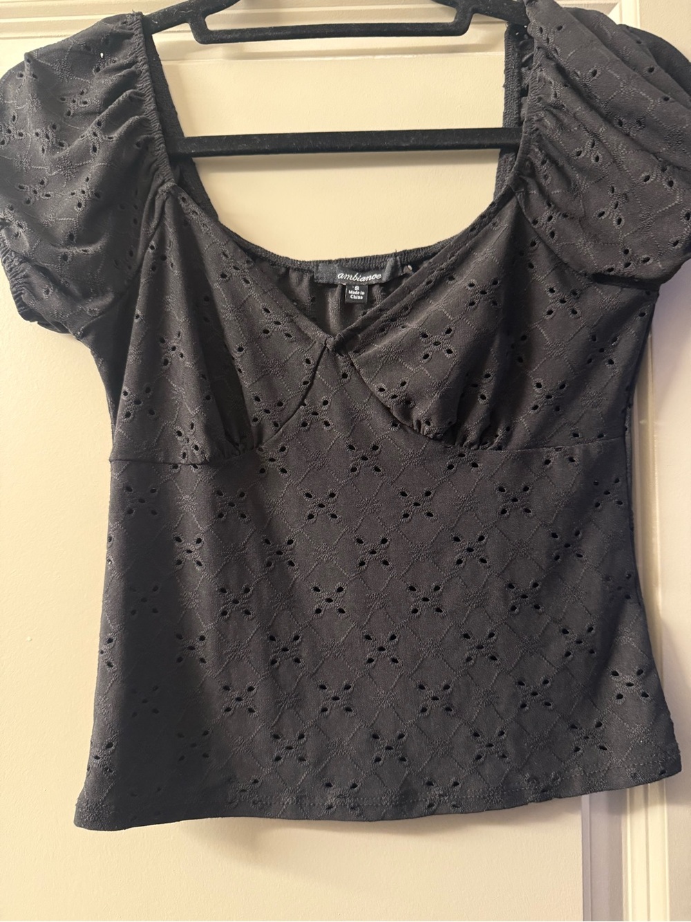 Ambiance Black Eyelet Puff Sleeve Square-Neck Top